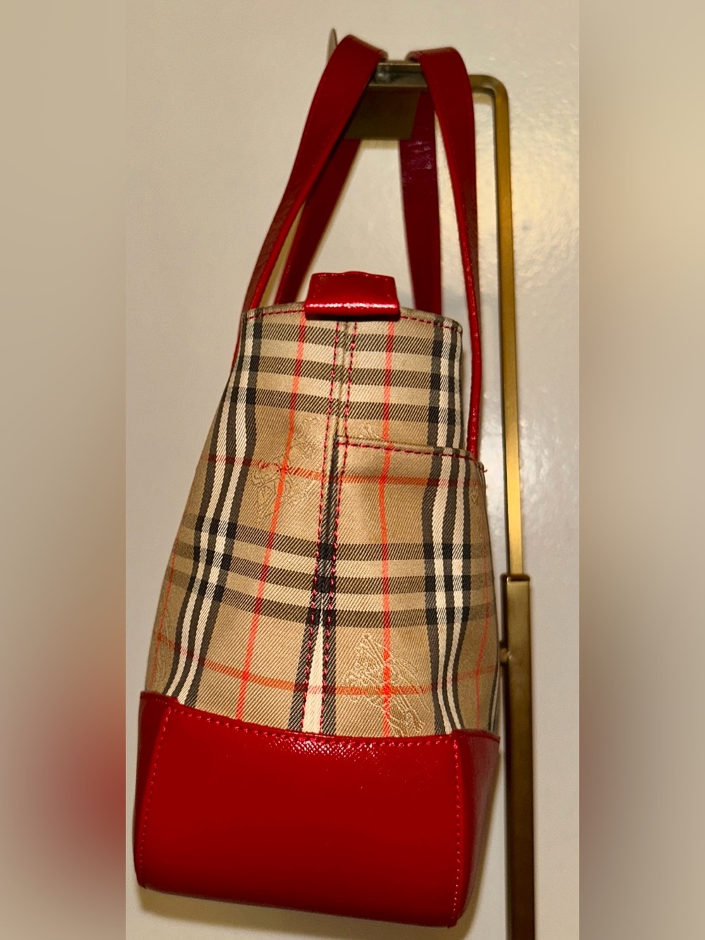 Burberry. Haymarket Check Canvas Tote Bag featuring vibrant red leather trim. - Picture 3 of 12